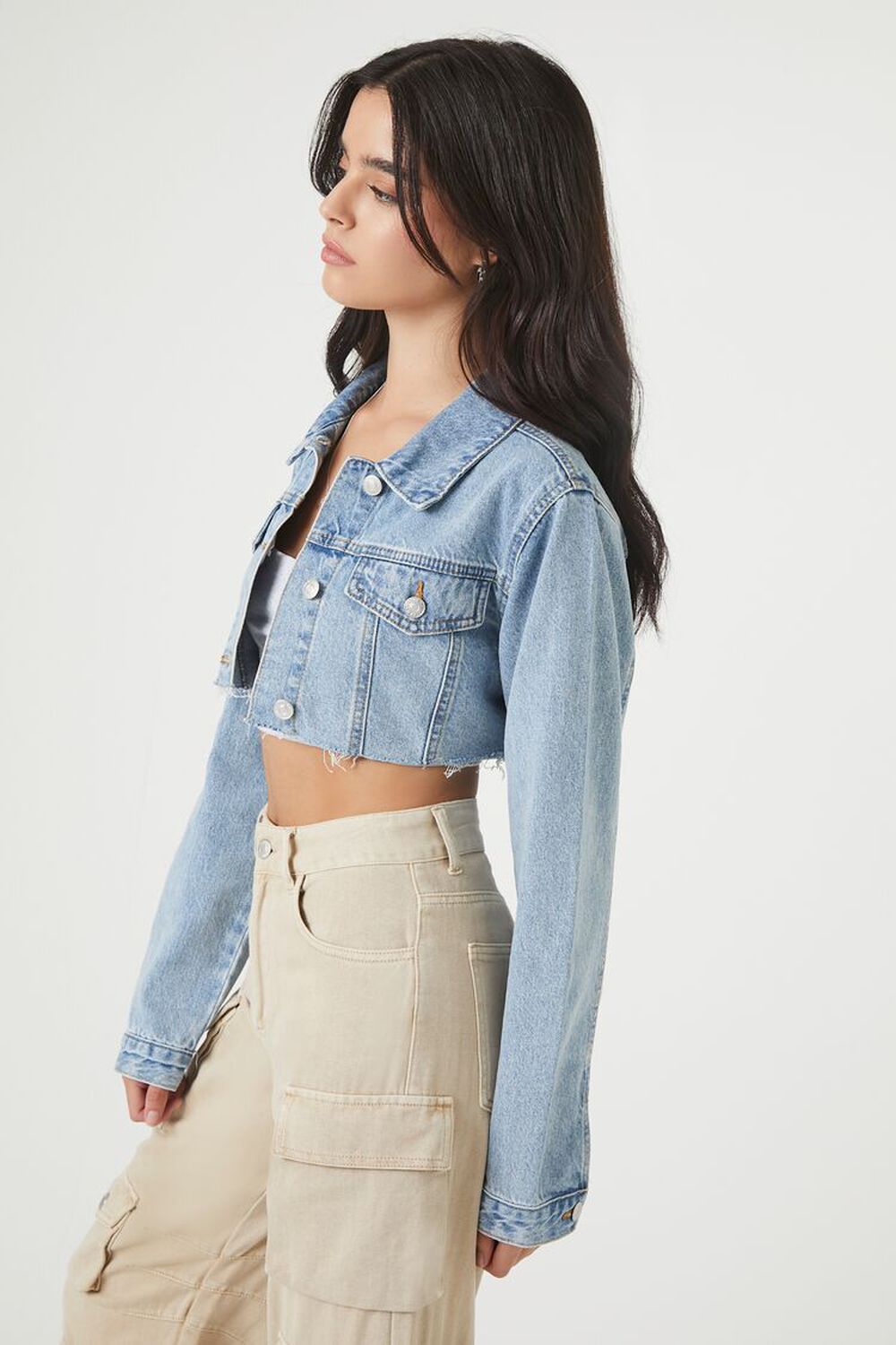 Raw-Cut Cropped Denim Trucker Jacket